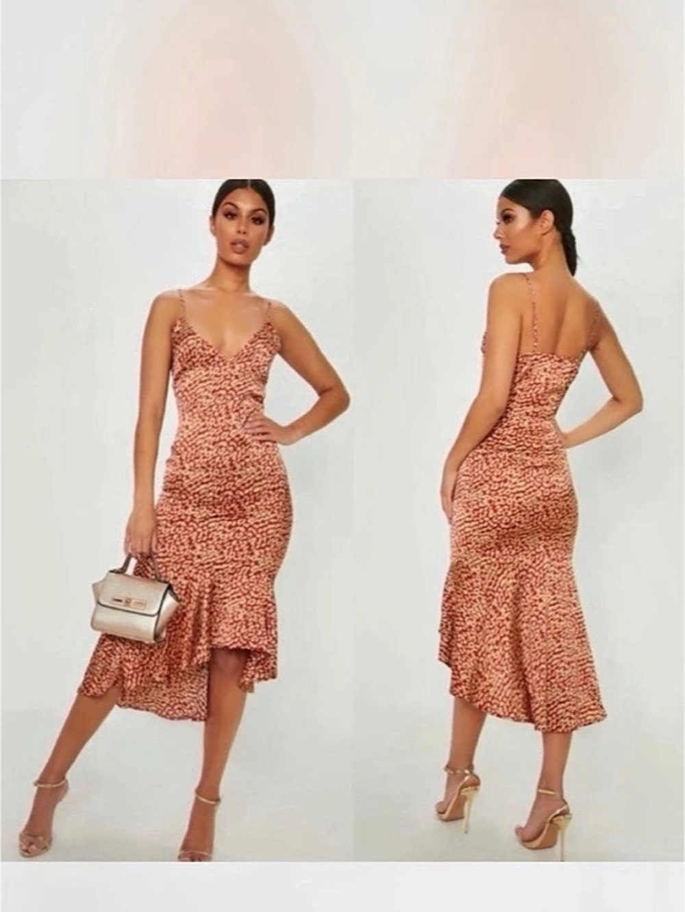 PrettyLittleThing Red Leopard Print Frill Hem Midi Dress Red & Beige Small